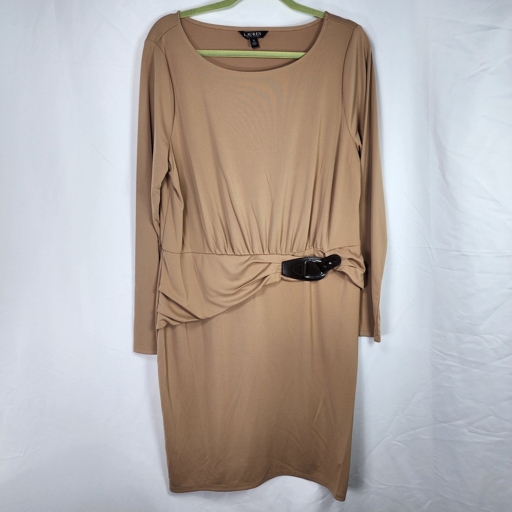 Lauren Ralph Lauren Womens Beige Long Sleeve Sheath Dress 16 Neutral Career Work